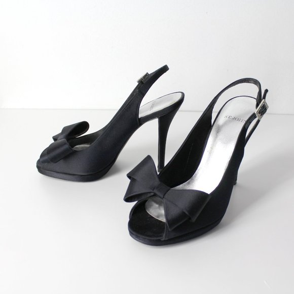 St. John Shoes - St John Black Satin Peep Toe Slingback Evening High Heels Bow Jeweled Shoes 6M